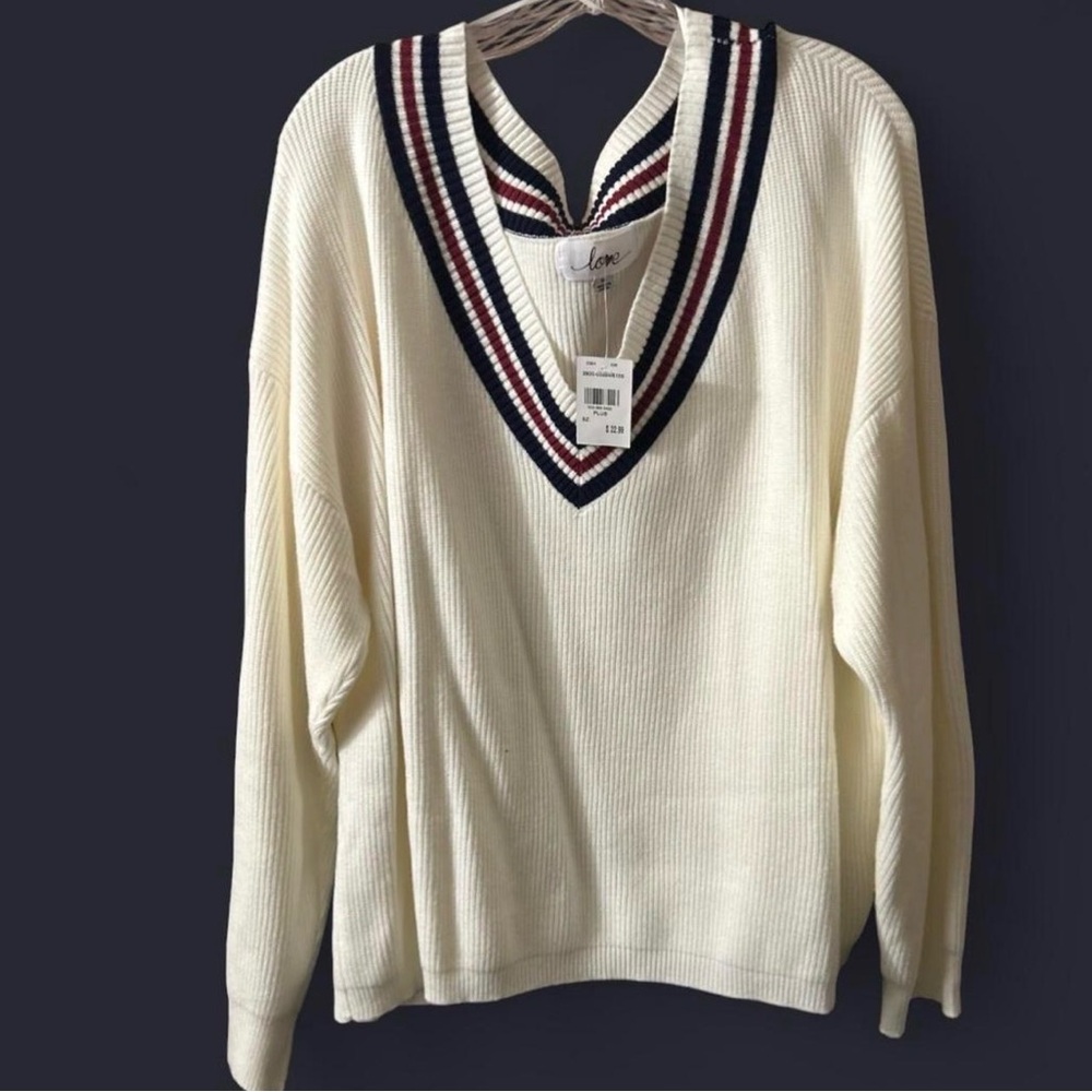 Cream Sweater with Red and Blue Trim